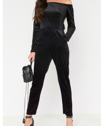  Stylish Dew Shoulder High Waist Black Velvet One-piece Jumpsuits