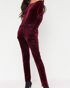  Stylish Dew Shoulder High Waist Red Velvet One-piece Jumpsuits