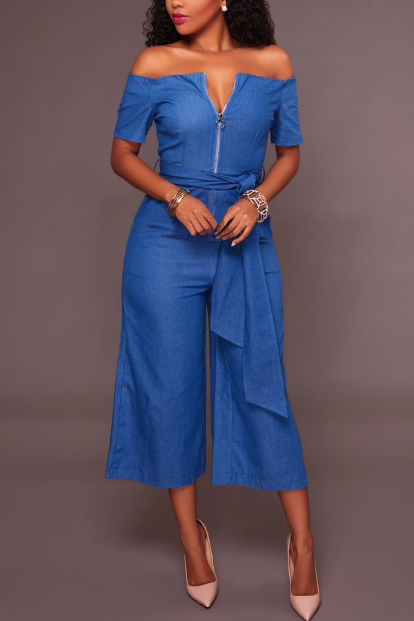  Stylish Dew Shoulder Short Sleeves Zipper Design Blue Denim One-piece Jumpsuits