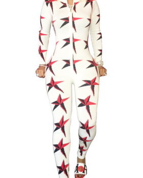  Stylish Printed Zipper Design Cotton Blends One-piece Skinny Jumpsuits