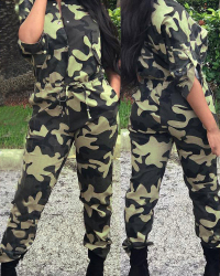  Stylish Round Neck Camouflage Printed Polyester One-piece Jumpsuits