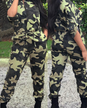  Stylish Round Neck Camouflage Printed Polyester One-piece Jumpsuits