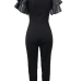  Stylish Round Neck Lotus Leaf Sleeves Lip Patchwork Black Polyester One-piece Jumpsuits