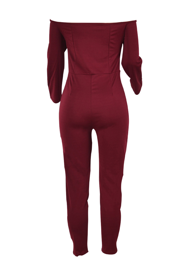  Stylish V Neck Dew Shoulder Jujube-red Polyester One-piece Jumpsuits