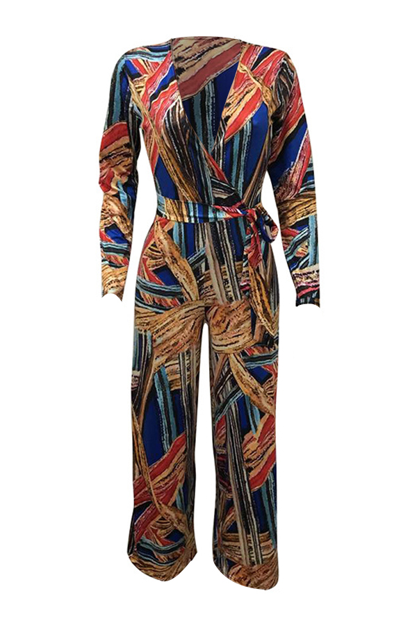  Stylish V Neck Printed Polyester One-piece Jumpsuits