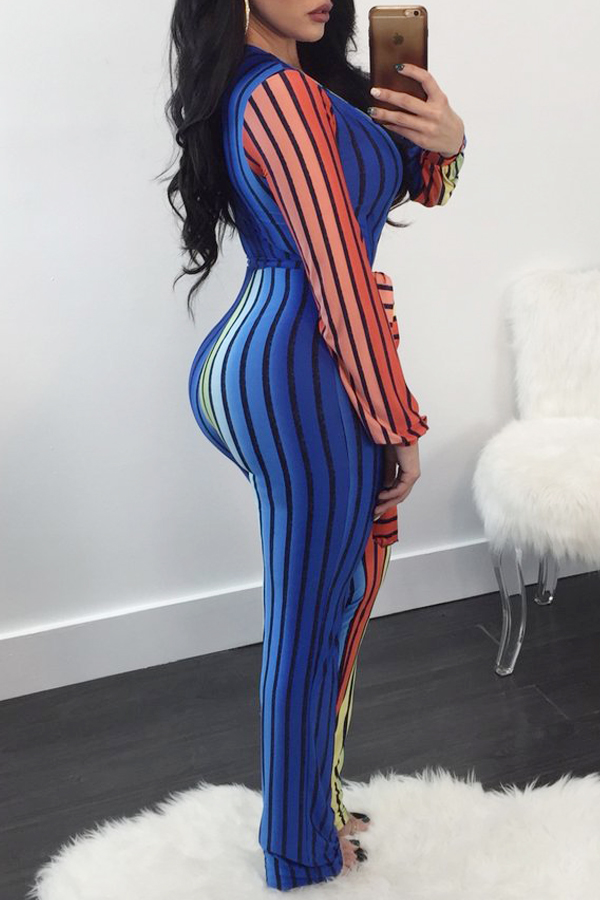  Trendy Deep V Neck Striped Printed Polyester One-piece Jumpsuits