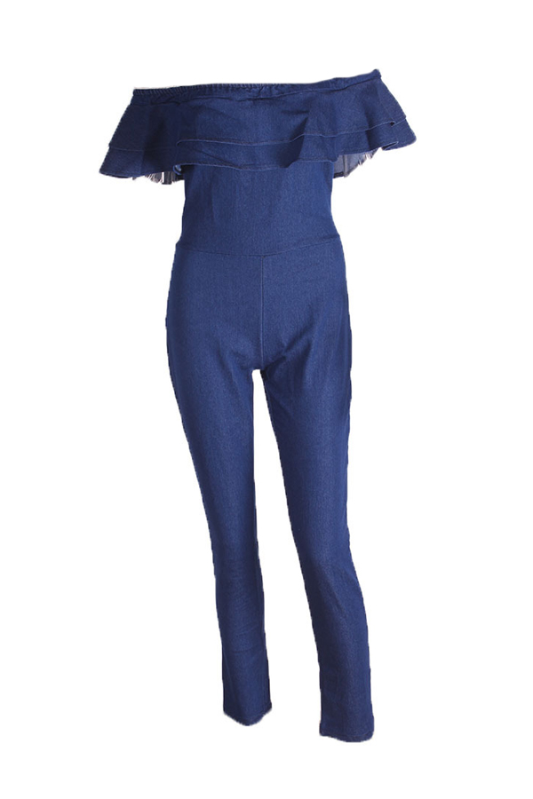  Trendy Dew Shoulder Falbala Design Dark Denim One-piece Jumpsuits