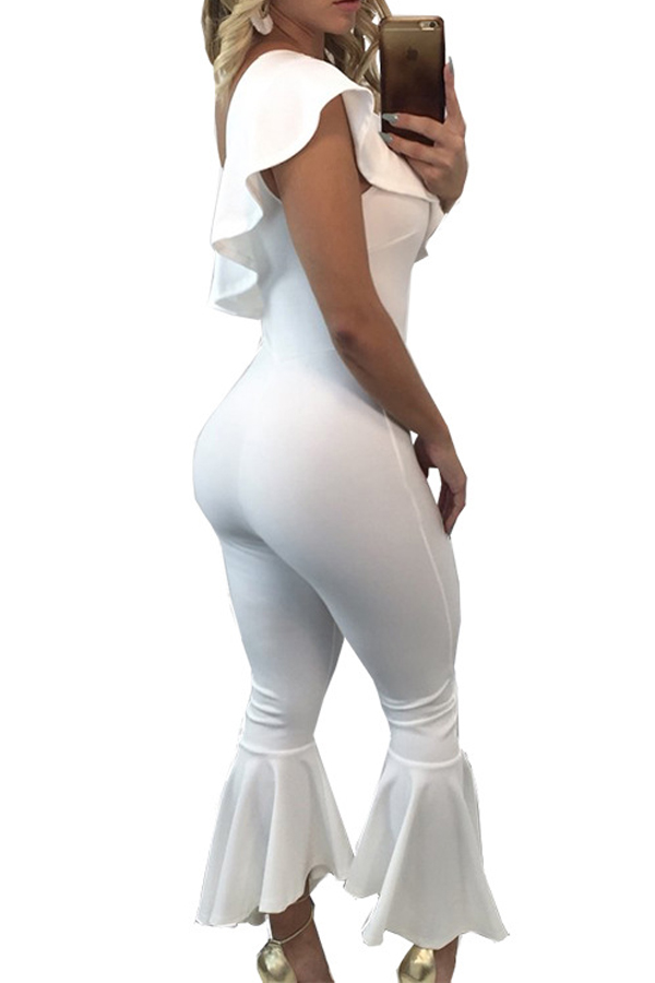  Trendy Dew Shoulder Falbala Design White Polyester One-piece Jumpsuits