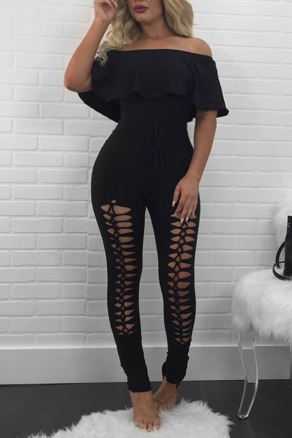  Trendy Dew Shoulder Hollow-out Black Polyester One-piece Jumpsuits