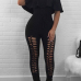  Trendy Dew Shoulder Hollow-out Black Polyester One-piece Jumpsuits