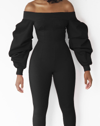  Trendy Dew Shoulder Lantern Type Long Sleeves Black Polyester One-piece Jumpsuits