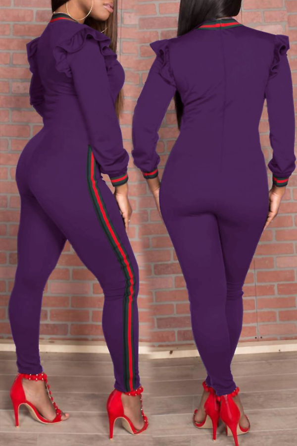  Trendy Round Neck Falbala Design Purple Polyester One-piece Jumpsuits