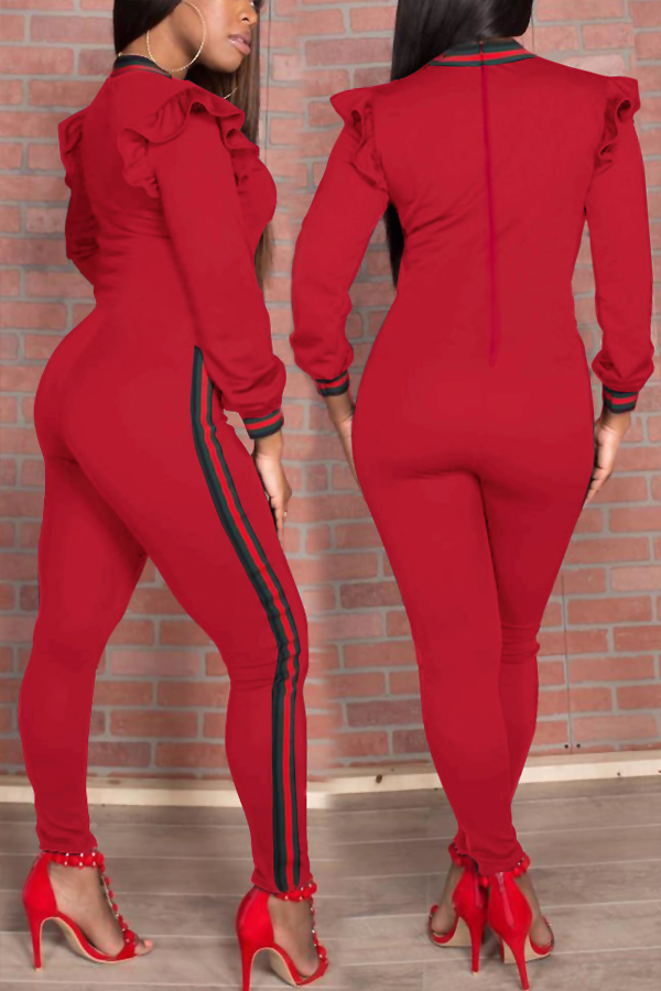  Trendy Round Neck Falbala Design Red Polyester One-piece Jumpsuits