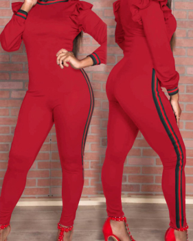  Trendy Round Neck Falbala Design Red Polyester One-piece Jumpsuits