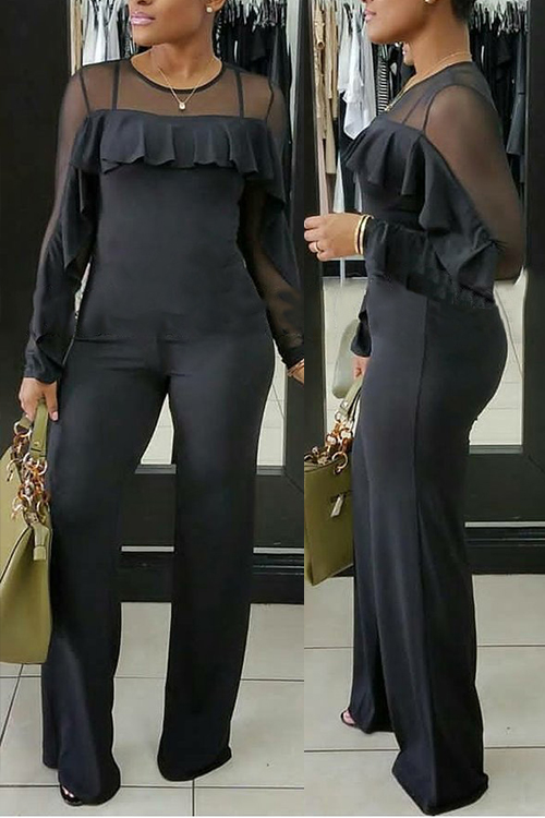 Trendy Round Neck See-Through Ruffle Design Black Polyester One-piece Jumpsuits