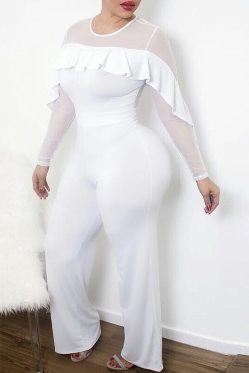  Trendy Round Neck See-Through Ruffle Design White Polyester One-piece Jumpsuits