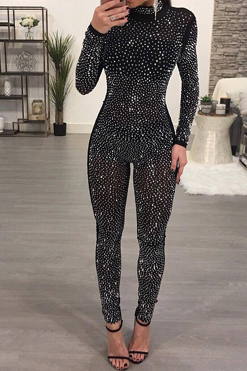  Trendy Turtleneck See-Through Hot Drilling Decorative Black Polyester One-piece Jumpsuits