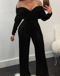  Trendy V Neck Beam Waist Black Polyester One-piece Jumpsuits(With Belt)