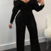 Trendy V Neck Beam Waist Black Polyester One-piece Jumpsuits(With Belt)