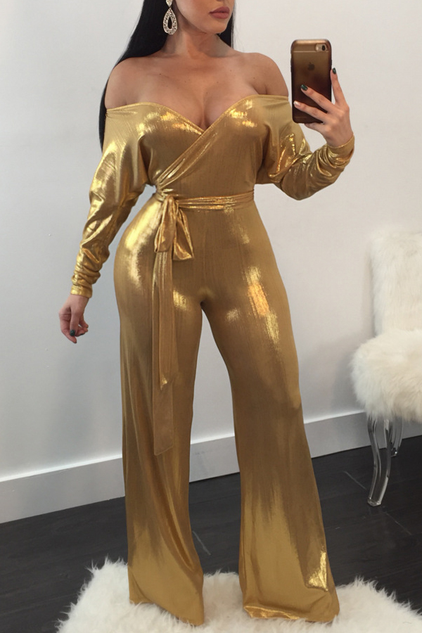  Trendy V Neck Beam Waist Gold Polyester One-piece Jumpsuits(With Belt)