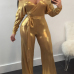  Trendy V Neck Beam Waist Gold Polyester One-piece Jumpsuits(With Belt)