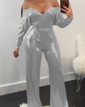  Trendy V Neck Beam Waist Silver Polyester One-piece Jumpsuits(With Belt)
