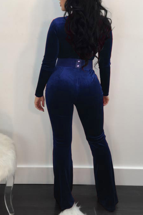  Trendy V Neck Long Sleeves Blue Velvet One-piece Jumpsuits(Without Belt)