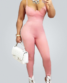 Alluring Spaghetti Strap Sleeveless Pink Polyester One-piece Skinny Jumpsuits