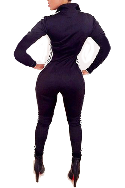 Casual Long Sleeves Patchwork Black Polyester One-piece Skinny Jumpsuits