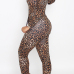 Casual Long Sleeves Zipper Design Leopard Polyester One-piece Skinny Jumpsuits