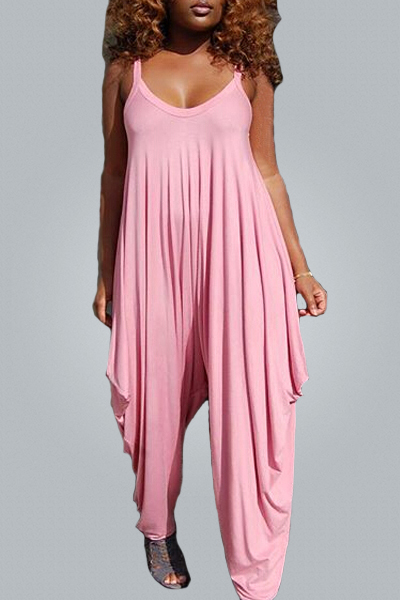 Casual U-shaped Neck Spaghetti Strap Sleeveless  Asymmetrical Pink Cotton Blends One-piece Jumpsuits
