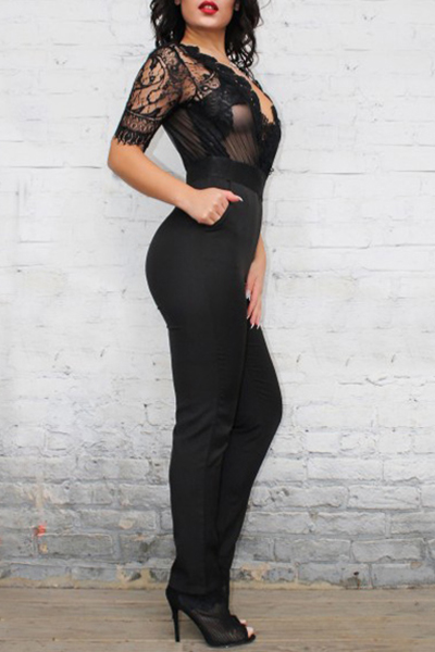 Charismatic V Neck Half Sleeves Mesh Patchwork Hollow-out Black Polyester One-piece Jumpsuits