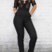 Charismatic V Neck Half Sleeves Mesh Patchwork Hollow-out Black Polyester One-piece Jumpsuits