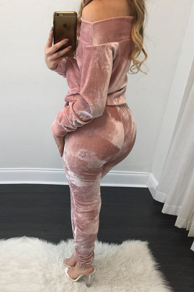 Charming Bateau Neck Long Sleeves Lace-up Pink Velvet One-piece Skinny Jumpsuits