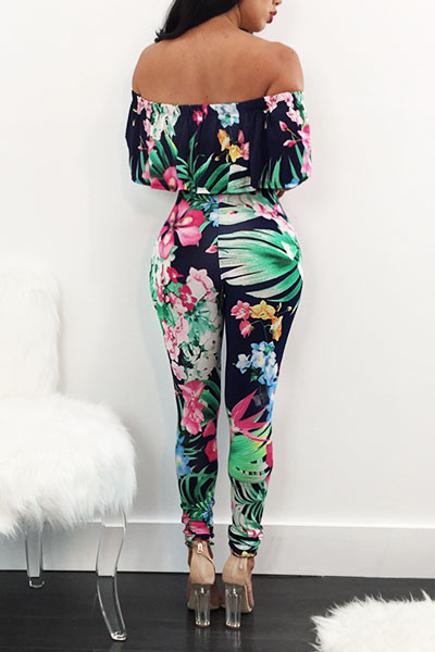 Charming Bateau Neck Short Sleeves Floral Print Qmilch One-piece Skinny Jumpsuits
