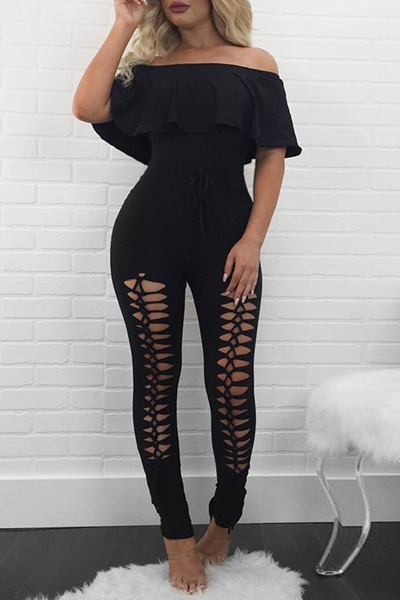 Charming Dew Shoulder Hollow-out Black Polyester One-piece Skinny Jumpsuits
