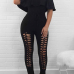 Charming Dew Shoulder Hollow-out Black Polyester One-piece Skinny Jumpsuits