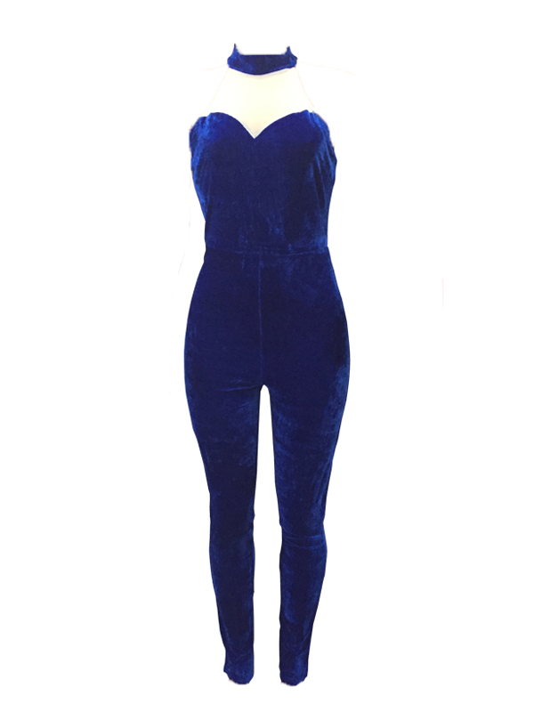 Charming Round Neck Gauze Splicing Blue Velvet One-piece Skinny Jumpsuits
