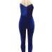 Charming Round Neck Gauze Splicing Blue Velvet One-piece Skinny Jumpsuits