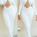 Charming Round Neck Long Sleeves Mesh Patchwork See-Through White Polyester One-piece Skinny Jumpsuits