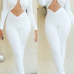 Charming Round Neck Long Sleeves Mesh Patchwork See-Through White Polyester One-piece Skinny Jumpsuits