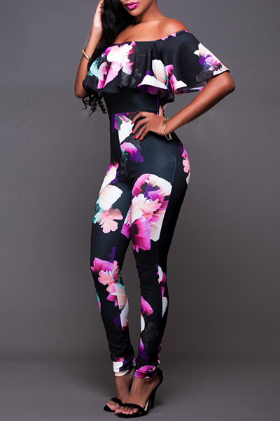 Charming Strapless Short Sleeves Floral Print Falbala Design Black Qmilch One-piece Jumpsuits