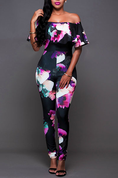 Charming Strapless Short Sleeves Floral Print Falbala Design Black Qmilch One-piece Jumpsuits