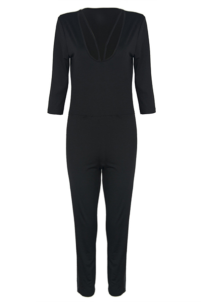 Charming V Neck Half Sleeves Hollow-out Black Qmilch One-piece Jumpsuits