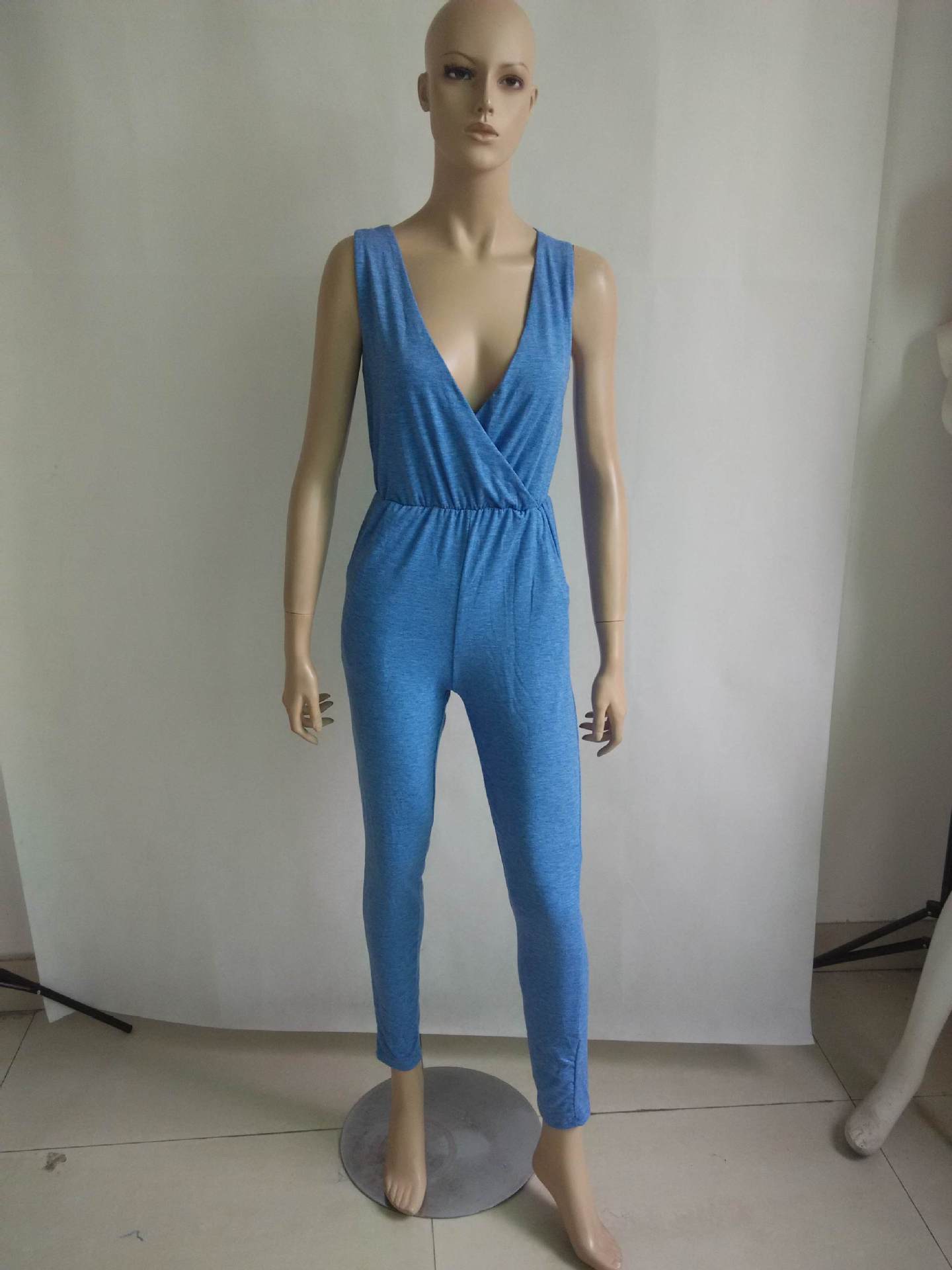 Cheap Sexy V Neck Tank Sleeveless Blue Blending One-piece Regular Jumpsuit