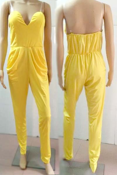 Cheap Sexy V-neck Strapless Yellow Polyester Jumpsuits