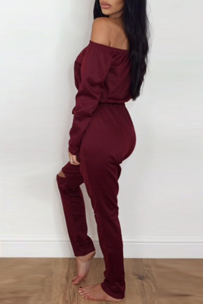 Contracted Style Bateau Neck Strapless Long Sleeves Broken Holes Wine Red Polyester One-piece Jumpsuits
