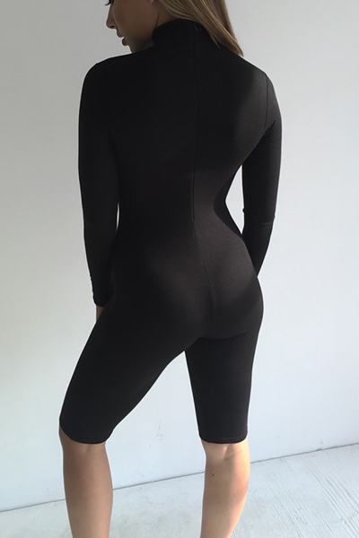 Contracted Style Round Neck Long Sleeves Black Spandex One-piece Skinny Jumpsuits