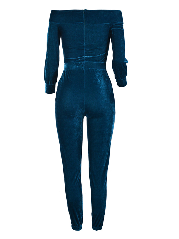 Euramerican Dew Shoulder Blue Velvet One-piece Jumpsuits