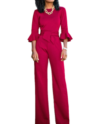 Euramerican Round Neck Half Sleeves Red Knitting One-piece Jumpsuits (Without Necklace)